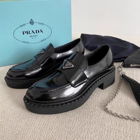 Prada Black Chocoalte Brushed Leather Loafers - Picture 1 of 7